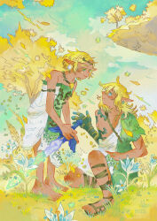  1boy 1girl archaic_set_(zelda) armband artist_name bare_shoulders barefoot blonde_hair blue_eyes commentary decayed_master_sword dress earrings english_commentary eye_contact floating_island green_eyes highres holding holding_sword holding_weapon jewelry leaning_forward link looking_at_another master_sword mechanical_arms nature necklace pointy_ears profile sandals secret_stone silent_princess single_mechanical_arm sitting sky standing sword the_legend_of_zelda the_legend_of_zelda:_tears_of_the_kingdom tree triforce tunic ufotomorrow weapon 