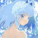  1girl abstract abstract_background bare_shoulders blue_background blue_eyes blue_hair from_behind hair_intakes highres looking_to_the_side medium_hair nervous_system no_mouth original seasideiiii solo spaghetti_strap upper_body 