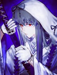  1girl 72_qishier absurdres black_hair blue_background blue_streaks blurry blurry_background bow chinese_commentary commentary_request drawing_sword floral_print gloves gradient_background hair_between_eyes highres holding holding_sword holding_weapon hood hood_up hooded_kimono japanese_clothes katana kimono limbus_company long_hair long_sleeves looking_at_viewer multicolored_hair ootachi project_moon red_eyes rope scabbard sheath shimenawa shiomi_yoru_(project_moon) shiromuku simple_background snowflake_print solo streaked_hair sword uchikake unsheathing upper_body wataboushi weapon white_gloves white_hood white_kimono 