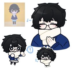  ! 1girl black_eyes black_hair blush chibi closed_eyes glasses limbus_company looking_at_viewer messy_hair multiple_expressions musical_note pantyhose project_moon scallionnss scarf shoes simple_background skirt sneakers sora_(project_moon) tomodachi_life white_background white_scarf 
