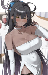  absurdres black_hair blue_archive blush bow choker commentary covered_navel dark-skinned_female dark_skin dress earrings hair_bow halo highres jewelry karin_(blue_archive) multicolored_hair playing_with_own_hair purple_hair purple_halo ref_(pmxt4483) ring white_choker white_dress yellow_eyes 