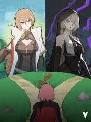  3girls absurdres black_groza_(girls'_frontline_2) black_jacket black_veil breasts brown_eyes brown_hair brown_jacket coat commentary covered_navel dramatic_crossroads_(meme) english_commentary female_commander_(girls'_frontline) girls'_frontline_2:_exilium girls_frontline grey_hair groza_(girls'_frontline_2) highres jacket long_hair medium_breasts meme multicolored_jacket multiple_girls open_clothes open_coat ots-14_(girls'_frontline) pink_hair red_jacket short_hair smile tongue tongue_out twintails two-tone_jacket variasii veil white_coat yellow_eyes zipper 