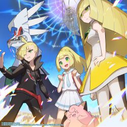  1boy 2girls antennae backpack bag black_leggings black_pants blonde_hair blue_pupils blush brother_and_sister clefairy clenched_hands closed_mouth colored_skin commentary_request company_name copyright_name dress floating gladion_(pokemon) green_eyes hair_over_one_eye hand_on_own_hip hands_up highres joints leggings lillie_(pokemon) long_hair long_sleeves lusamine_(pokemon) mother_and_child mother_and_daughter mother_and_son multiple_girls official_art open_mouth pants parent_and_child pheromosa pleated_skirt pokemon pokemon_(creature) pokemon_masters_ex pokemon_sun_and_moon saitou_naoki second-party_source short_sleeves siblings silvally skirt standing teeth tongue two-tone_leggings very_long_hair violet_eyes white_hair white_leggings white_skin wormhole 