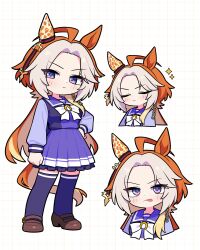  1girl absurdres ahoge animal_ears blush bow bowtie brown_shoes closed_eyes closed_mouth colored_bangs commentary_request ear_covers highres horse_ears horse_girl horse_tail jorang_(jorang08) korean_commentary long_hair long_sleeves looking_at_viewer multicolored_hair orange_hair orfevre_(umamusume) pleated_skirt purple_sailor_collar purple_serafuku purple_shirt purple_skirt purple_thighhighs sailor_collar sailor_shirt school_uniform serafuku shirt shoes single_ear_cover skirt tail thigh-highs tongue tongue_out tracen_school_uniform two-tone_hair umamusume violet_eyes white_bow white_bowtie white_hair 