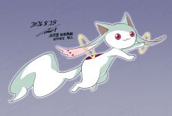  :3 animal_ears commentary_request creature creature_focus kyubey mahou_shoujo_madoka_magica mahou_shoujo_madoka_magica:_walpurgis_no_kaiten megitti no_humans pink_fur purple_background red_eyes tail two-tone_fur white_fur 