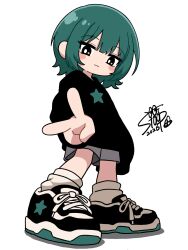  1girl :3 aqua_hair black_shoes black_sweater closed_mouth commentary dated full_body grey_shorts highres long_sleeves looking_at_viewer original shoes short_hair shorts signature simple_background sneakers solo standing star_(symbol) star_in_eye star_print stoop_life sweater symbol_in_eye untranslatable_commentary v white_background 
