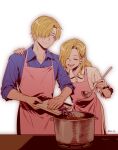  1boy 1girl apron arm_around_shoulder artist_name blonde_hair blue_eyes blue_shirt blush closed_eyes closed_mouth collared_shirt cooking cooking_pot counter curly_eyebrows eyelashes food frilled_sleeves frills hair_over_one_eye hand_on_another&#039;s_shoulder highres holding holding_ladle holding_tray ladle long_hair looking_at_another looking_to_the_side mother_and_son mrs.custard one-armed_hug one_eye_covered one_piece open_mouth parted_bangs pink_apron sanji_(one_piece) shirt short_hair simple_background sleeves_rolled_up smile standing stove teeth tray upper_teeth_only vinsmoke_sora white_background white_shirt wing_collar 
