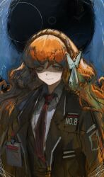  1girl black_coat black_jacket black_vest bow bow_hairband brown_hairband closed_mouth coat collared_shirt eeriesen3 freckles frown glaring green_eyes hairband highres id_card ishmael_(project_moon) jacket lapels limbus_company long_hair looking_at_viewer necktie orange_hair project_moon red_necktie rope shaded_face shirt sidelocks solo the_pallid_whale upper_body very_long_hair vest white_bow white_shirt wing_collar 