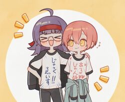  >_< 1boy 1girl :3 :d aqua_jacket aqua_pants black_pants border clothes_around_waist clothes_writing commentary_request flying_sweatdrops hand_on_another's_shoulder hand_on_own_hip headband hn_(168x165_jj) jack_jeanne jacket jacket_around_waist jacket_on_shoulders looking_at_another looking_to_the_side neji_kokuto notice_lines pants pink_hair red_headband round_border shirt short_hair short_sleeves smile tachibana_kisa white_background white_shirt x3 xd yellow_border yellow_eyes 