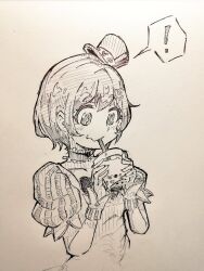  ! +_+ 1girl blush bubble_tea character_request choker closed_mouth copyright_request cup drink drinking drinking_straw drinking_straw_in_mouth eyelashes greyscale hat hatching_(texture) holding holding_cup holding_drink hw602mgcm mini_hat mini_top_hat monochrome puffy_short_sleeves puffy_sleeves short_hair short_sleeves simple_background smile solo speech_bubble spoken_exclamation_mark top_hat traditional_media upper_body white_background 