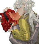  2girls absurdres blush closed_eyes crying crying_with_eyes_open grey_eyes grey_hair gundam gundam_suisei_no_majo hairband highres hug kiss korean_commentary long_hair looking_at_another miorine_rembran multiple_girls ponytail redhead simple_background snapagi spacesuit suletta_mercury tears thick_eyebrows upper_body white_background yuri 