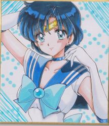  arm_up back_bow bishoujo_senshi_sailor_moon blue_background blue_bow blue_choker blue_eyes blue_gem blue_hair blue_sailor_collar blue_trim blush bow breasts brooch chikoto_(kztc4472) choker circlet closed_mouth collarbone earrings elbow_gloves eyelashes gem gloves gold_circlet hand_up highres jewelry leotard looking_at_viewer magical_girl medium_breasts mizuno_ami parted_bangs photo_(medium) sailor_collar sailor_mercury sailor_senshi_uniform shikishi short_hair smile stud_earrings traditional_media upper_body white_gloves white_leotard 