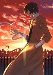  1hara_nobu bandaged_arm bandaged_neck bandages brown_coat brown_eyes brown_hair brown_vest bungou_stray_dogs clouds cloudy_sky coat collared_shirt commentary_request dawn dazai_osamu_(bungou_stray_dogs) from_side highres landscape lapels neck_ribbon orange_sky parted_lips ribbon shirt short_hair sidelocks sky sleeves_rolled_up smile three-quarter_sleeves vest white_shirt wing_collar 