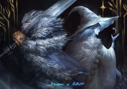  1boy 1girl animal_ears artist_collaboration blaidd_the_half-wolf blue_hair blue_skin cape cloak closed_eyes closed_mouth colored_skin cowboy_shot doll_joints elden_ring extra_arms from_side fur_cloak furry furry_male greatsword hand_up hat highres holding holding_sword holding_weapon joints large_hat looking_at_viewer mobbrushes profile ranni_the_witch standing sword weapon white_hat witch witch_hat wolf_boy wolf_ears wolf_head 