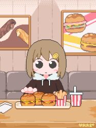  1girl :i =_= animated animated_gif bench black_eyes brown_hair burger commentary cup disposable_cup drawstring drinking eating food food_in_mouth french_fries highres hood hood_down hoodie indoors kawawagi long_sleeves original restaurant short_hair sitting solo tray untranslatable_commentary upper_body 