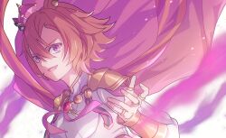  1girl animal_ears breasts cape commentary_request crown hair_between_eyes highres horse_ears horse_girl jewelry long_sleeves medium_breasts mini_crown multiple_rings nnmkmwakaranai open_mouth orange_hair pink_cape pink_crown ring shirt short_hair smile solo t.m._opera_o_(o_sole_suo!)_(umamusume) t.m._opera_o_(umamusume) umamusume upper_body violet_eyes white_shirt 