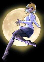  1girl :d antenna_hair arcueid_brunestud black_pantyhose blonde_hair blue_skirt blush boots breasts brown_boots buckle_boot commentary_request floating_clothes floating_hair full_moon glowing hair_between_eyes highres jewelry large_breasts leg_up looking_at_viewer midair miniskirt moon necklace night norimikan pantyhose plaid_clothes plaid_skirt red_eyes short_hair sidelocks single_hair_intake skirt smile solo sweater thigh_boots tsukihime tsukihime_(remake) turning_head turtleneck turtleneck_sweater upper_body white_sweater 