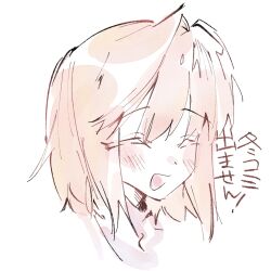  1girl arcueid_brunestud blonde_hair blush closed_eyes closed_mouth colored_eyelashes commentary_request hair_between_eyes highres numuhe open_mouth portrait short_hair sidelocks single_hair_intake sketch smile solo sweater translation_request tsukihime turtleneck white_background 