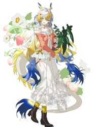  1girl :d alternate_costume ankle_boots arknights bare_shoulders blonde_hair blue_eyes blue_hair boots brown_boots camisole collarbone colored_extremities colored_skin commentary_request dragon_girl dragon_horns dragon_tail earrings flower frilled_skirt frills full_body gradient_hair grey_hair holding holding_plant horns jacket jewelry korean_commentary long_hair long_skirt looking_at_viewer low-tied_long_hair mona0101 multicolored_hair necklace off-shoulder_jacket off_shoulder pink_jacket plant pointy_ears potted_plant shu_(arknights) simple_background skirt smile socks solo standing tail very_long_hair white_background white_camisole white_flower white_skirt yellow_skin yellow_socks 