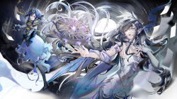  2girls black_hair blue_eyes blue_hair bow_(music) commentary dress elbow_gloves gloves hair_between_eyes hair_intakes hair_ornament high_heels highres holding holding_bow_(music) holding_instrument holding_violin instrument isolde_(reverse:1999) jacknavy long_hair multiple_girls official_alternate_costume playing_instrument playing_violin reverse:1999 silver_dress single_elbow_glove sleeveless sleeveless_dress tambourine violet_eyes violin voyager_(reverse:1999) white_gloves 