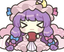  >_< 1girl :3 blunt_bangs chibi chibi_only closed_eyes closed_mouth coffee_mug commentary_request crescent crescent_hat_ornament cup dress facing_viewer full_body hat hat_ornament heart holding holding_cup kagome_f long_hair mob_cap mug patchouli_knowledge pink_dress pink_hat purple_hair simple_background sitting solo touhou very_long_hair white_background 