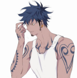  1boy arm_tattoo black_hair chest_tattoo closed_mouth earrings facial_hair goatee hand_tattoo jewelry law106g male_focus one_piece short_hair sideburns solo tank_top tattoo trafalgar_law upper_body white_background white_tank_top yellow_eyes 