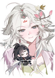  1boy 1girl ahoge black_boots black_hair black_hanfu blue_eyes boots braid branch bud chibi chinese_clothes chinese_commentary circlet closed_mouth commentary_request commission cropped_torso dangle_earrings downturned_eyes dress earrings expressionless eyelashes facial_mark flower flower_facial_mark flower_symbol forehead forehead_mark frilled_dress frills green_dress green_eyes grey_hair hair_flower hair_ornament hair_rings hanfu happy high_ponytail highres jewelry light_frown lipstick long_hair looking_at_another makeup mole mole_under_eye original pink_lips pink_robe ponytail robe sample_watermark senmesenye side_braids simple_background smile sphere_earrings twin_braids very_long_hair watermark white_background 