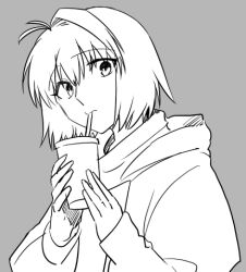  1girl alternate_costume arcueid_brunestud commentary_request cup drinking drinking_straw hair_between_eyes hands_up head_tilt holding holding_cup hood hoodie looking_at_viewer lowres metarogu monochrome short_hair single_hair_intake solo tsukihime tsukihime_(remake) upper_body 