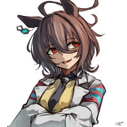  1girl absurdres agnes_tachyon_(tach-nology)_(umamusume) agnes_tachyon_(umamusume) ahoge animal_ears brown_hair coat commentary_request earrings hair_between_eyes highres horse_ears horse_girl jewelry lab_coat necktie open_mouth red_eyes sasami_oishine shirt short_necktie simple_background single_earring smile solo sweater sweater_vest umamusume upper_body white_background white_coat yellow_sweater yellow_sweater_vest 