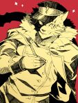  1boy coat collared_jacket commentary_request eyes_in_shadow fur-trimmed_coat fur_trim furry furry_male gloves hand_on_own_chest hand_up hat highres looking_at_viewer male_focus military military_hat military_uniform nizitaro ose_(housamo) panther_boy panther_ears peaked_cap red_background simple_background smile solo sparkle tail tokyo_afterschool_summoners uniform upper_body whiskers 