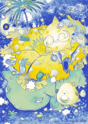  artist_collaboration artist_name blue_background chansey character_request colored_pencil_(medium) commentary complementary_colors egg english_commentary full_body highres horns lunatone no_humans oddish pokemon pokemon_(creature) pokemon_focus single_horn sparkle suscrofad traditional_media trapinch ufotomorrow venusaur 