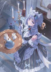  1girl animal_ears back_bow bare_shoulders black_dress black_flower black_gloves black_rose black_sleeves blue_bow blue_bowtie blue_eyes blue_flower blue_rose blush bow bowtie candle cat_ears cat_girl closed_mouth commentary detached_sleeves doll_joints dress flower frilled_dress frilled_sleeves frills gloves hair_flower hair_ornament hairclip highres holding holding_tray joints long_sleeves looking_at_viewer maid maid_headdress original parallel_hairclips purple_hair rose short_hair sleeveless sleeveless_dress solo striped_clothes striped_dress teapot tray tsukumi_bis untranslatable_commentary vertical-striped_clothes vertical-striped_dress vertical-striped_sleeves wide_sleeves winding_key 