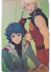  2boys aeug aqua_eyes aqua_hair blonde_hair blue_eyes blue_jacket char_aznable commentary_request gloves gundam highres jacket kamille_bidan kasumi_(skchkko) male_focus multiple_boys open_clothes open_jacket quattro_bajeena red_gloves red_jacket shirt sunglasses turtleneck turtleneck_shirt zeta_gundam 