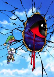  1girl arms_at_sides batchgooya black_eyes black_leggings blood blood_from_eyes braid broken_wall colored_sclera commentary_request crack cracked_wall disembodied_eye dripping eye_focus facing_another facing_away green_hat half_up_half_down_braid hat highres holding holding_sword holding_weapon hole_in_wall kirby kirby_(series) kirby_and_the_world_beyond leggings looking_at_viewer multicolored_hair mysterious_girl_(kirby_and_the_world_beyond) purple_streaks red_sclera sky_print space streaked_hair sword two-tone_hair weapon white_hair yellow_cloak zero_two_(kirby) 