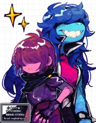  1girl 1other androgynous armor artist_name black_cape black_jacket black_pants blue_hair blue_skin bodysuit bracelet breastplate cape color_switch colored_skin colored_teeth commentary_request cowboy_shot deltarune furry furry_female gauntlets grid_background grin hair_over_eyes high_collar jacket jewelry kris_(dark_world)_(deltarune) kris_(deltarune) long_hair loose_hair_strand messy_hair no_eyes pants parted_lips pauldrons pink_shirt pink_skin purple_armor purple_bodysuit repikinoko reptile_girl shaded_face sharp_teeth shirt short_hair shoulder_armor signature smile snout spiked_bracelet spikes susie_(dark_world)_(deltarune) susie_(deltarune) swept_bangs teeth twitter_username utdr_(toby_fox) watermark white_background yellow_teeth 