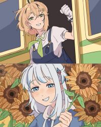  2girls addendium ahoge blue_eyes blue_overalls commentary dooby dooby_(1st_costume) english_commentary flower gawr_gura gawr_gura_(1st_costume) gloves green_eyes hair_ornament highres hololive hololive_english hood hoodie indie_virtual_youtuber looking_at_another multicolored_hair multiple_girls overalls shark_hair_ornament shirt short_hair smile streaked_hair sunflower train two-tone_hair virtual_youtuber white_gloves white_hair white_shirt 