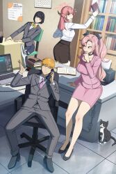  1boy 3girls absurdres aru_(blue_archive) black_eyes black_hair blonde_hair blue_archive breasts business_suit cat chair character_request choker collared_shirt computer computer_keyboard demon_horns green_eyes halo highres horns jacket laptop long_hair long_sleeves mob_psycho_100 mole monitor multiple_girls necktie nicole_demara office office_chair office_lady on_chair pants pencil_skirt pink_hair pink_suit rappa_(sirrappa) reigen_arataka school_uniform shirt short_hair skirt skirt_suit suit swivel_chair white_shirt yellow_eyes zenless_zone_zero 