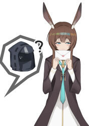  1girl 1other ? absurdres alternate_costume ambiguous_gender amiya_(arknights) animal_ear_fluff animal_ears aqua_necktie arknights averting_eyes black_coat black_jacket blue_eyes blush brown_hair chinese_commentary coat commentary_request doctor_(arknights) dot_nose dress highres hood hood_up hooded_coat jacket long_hair long_sleeves love_letter narrowed_eyes necktie rabbit_ears rabbit_girl shi_doufu_ne shy simple_background spoken_character sweat white_background white_dress 
