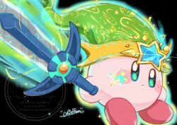  airi_chiffon artist_name aura black_background blue_gem blush blush_stickers chromatic_aberration commentary_request energy_blade full_body gem glowing glowing_scar glowing_sword glowing_weapon gold_trim green_eyes green_hat hat holding holding_sword holding_weapon kirby kirby_(series) kirby_and_the_world_beyond looking_at_viewer no_humans orange_gem parted_lips scar scar_on_cheek scar_on_face signature solo sparkle star_(symbol) sword watermark weapon 