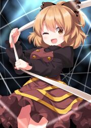  1girl :d ;d blonde_hair blush bow breasts brown_bow brown_dress brown_eyes brown_sleeves commentary_request completion_time dress hair_bow highres juliet_sleeves kurodani_yamame long_sleeves looking_at_viewer medium_breasts one_eye_closed open_mouth pinafore_dress puffy_sleeves ruu_(tksymkw) silk sleeveless sleeveless_dress smile solo spider_web touhou 