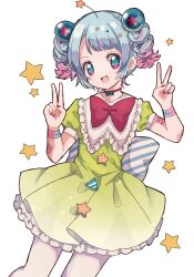  1girl blue_hair bow braid butter_run commentary_request dreamy_chelsea hair_ornament highres looking_at_viewer magical_girl mahou_shoujo_ikusei_keikaku mahou_shoujo_ikusei_keikaku_breakdown multicolored_eyes multicolored_hair open_mouth pink_hair red_bow red_nails short_hair smile twin_braids two-tone_hair v white_background 