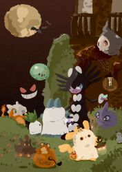  absurdres blue_eyes charmander dedenne duskull fire flame-tipped_tail floating gengar ghost gimmighoul gimmighoul_(roaming) gothitelle grass grin highres moon munchlax night no_humans oddish pikachu pokemon pokemon_(creature) pokemon_focus pumpkaboo pumpkin red_eyes shuppet smile solosis tail teeth zozozoshion 