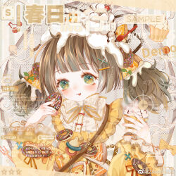  1girl :p aegyo_sal bag bib_collar blunt_bangs bow bow_button bowtie brown_hair center_frills cherry chinese_commentary choppy_bangs closed_mouth commentary_request commission cupcake detached_sleeves doughnut eyelashes eyeshadow food food-themed_hair_ornament food_on_head food_print frilled_sleeves frills fruit green_eyes grey_background hair_ornament hairclip happy highres holding holding_food ice_cream icing lace-trimmed_bowtie layered_sleeves light_blush long_sleeves makeup medium_hair object_on_head orange_eyeshadow original pizza print_bow print_bowtie puffy_long_sleeves puffy_sleeves red_bow red_ribbon ribbon sample_watermark shirt short_twintails shoulder_bag sleeve_ribbon smile solo spoon sprout striped_background tareme tongue tongue_out too_many_watermarks twintails upper_body vertical-striped_background vest watermark weibo_watermark white_bow white_bowtie white_shirt x_hair_ornament yellow_bow yellow_bowtie yellow_sleeves yellow_vest zeson_zhizhi 