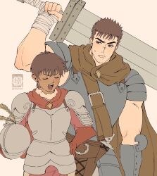  1boy 1girl armor berserk black_hair blush casca_(berserk) commentary dark-skinned_female dark_skin english_commentary greatsword guts_(berserk) highres holding holding_sword holding_weapon huge_weapon rubynnam scar scar_on_face scar_on_nose spiky_hair sword weapon 