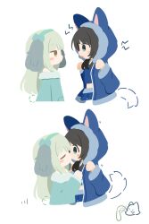  2girls absurdres animal_ear_hairband animal_ears bang_dream! bang_dream!_it's_mygo!!!!! black_hair blue_eyes blue_jacket blue_shirt closed_eyes commentary drawn_tail fake_animal_ears green_shirt hairband highres hood hood_up hooded_jacket jacket kino_(kino01xyz) kiss long_hair medium_hair multiple_girls open_clothes open_jacket shirt simple_background wakaba_mutsumi white_background yahata_umiri yellow_eyes yuri 