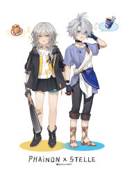  1boy 1girl 625light absurdres aged_down antenna_hair arm_behind_head baseball_bat black_boots black_choker black_gloves black_jacket black_pants black_skirt blue_eyes blue_shirt boots character_name choker coffee commentary cup disposable_coffee_cup disposable_cup drooling fingerless_gloves food full_body gloves grey_hair hair_between_eyes highres holding holding_baseball_bat holding_hands honkai:_star_rail honkai_(series) jacket long_hair looking_at_viewer mouth_drool official_alternate_costume open_mouth pancake pancake_stack pants phainon_(a_dream_scented_in_wheat)_(honkai:_star_rail) phainon_(honkai:_star_rail) sandals shirt short_hair short_sleeves simple_background skirt speech_bubble spoken_food stelle_(honkai:_star_rail) stelle_(little_cat)_(honkai:_star_rail) thigh_strap toes trailblazer_(honkai:_star_rail) twitter_username white_background white_hair white_shirt yellow_eyes yellow_pupils 