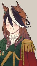 1girl animal_ears black_hair blush bow bowtie brown_hair closed_eyes closed_mouth coat epaulettes green_coat grey_background hair_between_eyes highres horse_ears horse_girl long_bangs long_hair medal multicolored_hair pappi shiny_skin simple_background smile solo symboli_rudolf_(emperor's_path)_(umamusume) symboli_rudolf_(umamusume) umamusume upper_body white_bow white_bowtie white_hair 