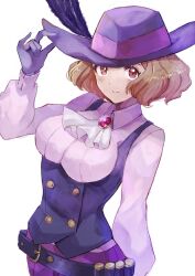  1girl arm_up ascot breasts brown_eyes brown_hair cowboy_shot gloves hat hat_feather highres kanna_nijiniji long_sleeves looking_at_viewer noir_(persona_5) okumura_haru persona persona_5 pink_shirt purple_gloves purple_hat revision shirt short_hair simple_background smile solo white_ascot white_background 