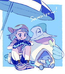  1girl :q ^_^ bandana belt_bag bike_shorts bird blue_theme border bright_pupils brown_hair closed_eyes dot_nose food gloves grid_teeth grin highres holding holding_food holding_popsicle may_(pokemon) outside_border parasol pelipper pokemon pokemon_(creature) pokemon_ruby/sapphire/emerald popcorn_91 popsicle shoes short_sleeves shorts sitting smile snorunt tongue tongue_out umbrella white_border 