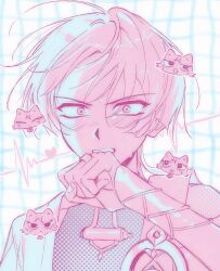  1boy animalization armor blunt_ends blush bodysuit bridal_gauntlets cardiogram checkered_background clenched_hand curtained_hair embarrassed fingernails gem genshin_impact hand_up highres japanese_armor japanese_clothes kimono kote looking_at_viewer male_focus middle_ring open_clothes open_kimono parted_lips person_and_animalization pink_theme portrait scaramouche_(cat)_(genshin_impact) scaramouche_(genshin_impact) shoulder_peek side_cape solo sourou451451 sweatdrop tsurime vision_(genshin_impact) wanderer_(genshin_impact) white_background 